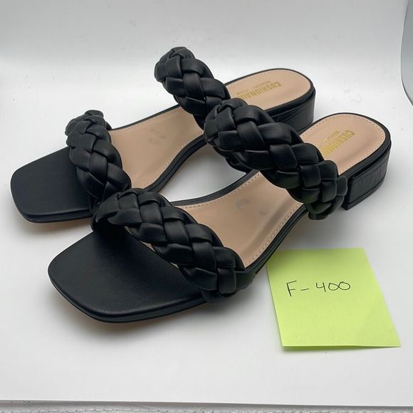 CUSHIONAIRE Women's two band braided low block heel slide sandal 8W Black - Picture 3 of 5